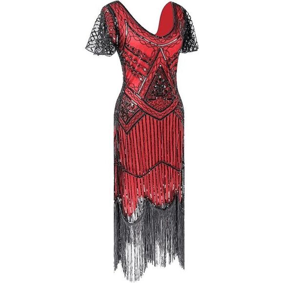 ❤️✨ Flapper Great Gatsby 1920s Retro Tassel Fringe Sequin Midi Red Dress M NEW - Picture 2 of 13